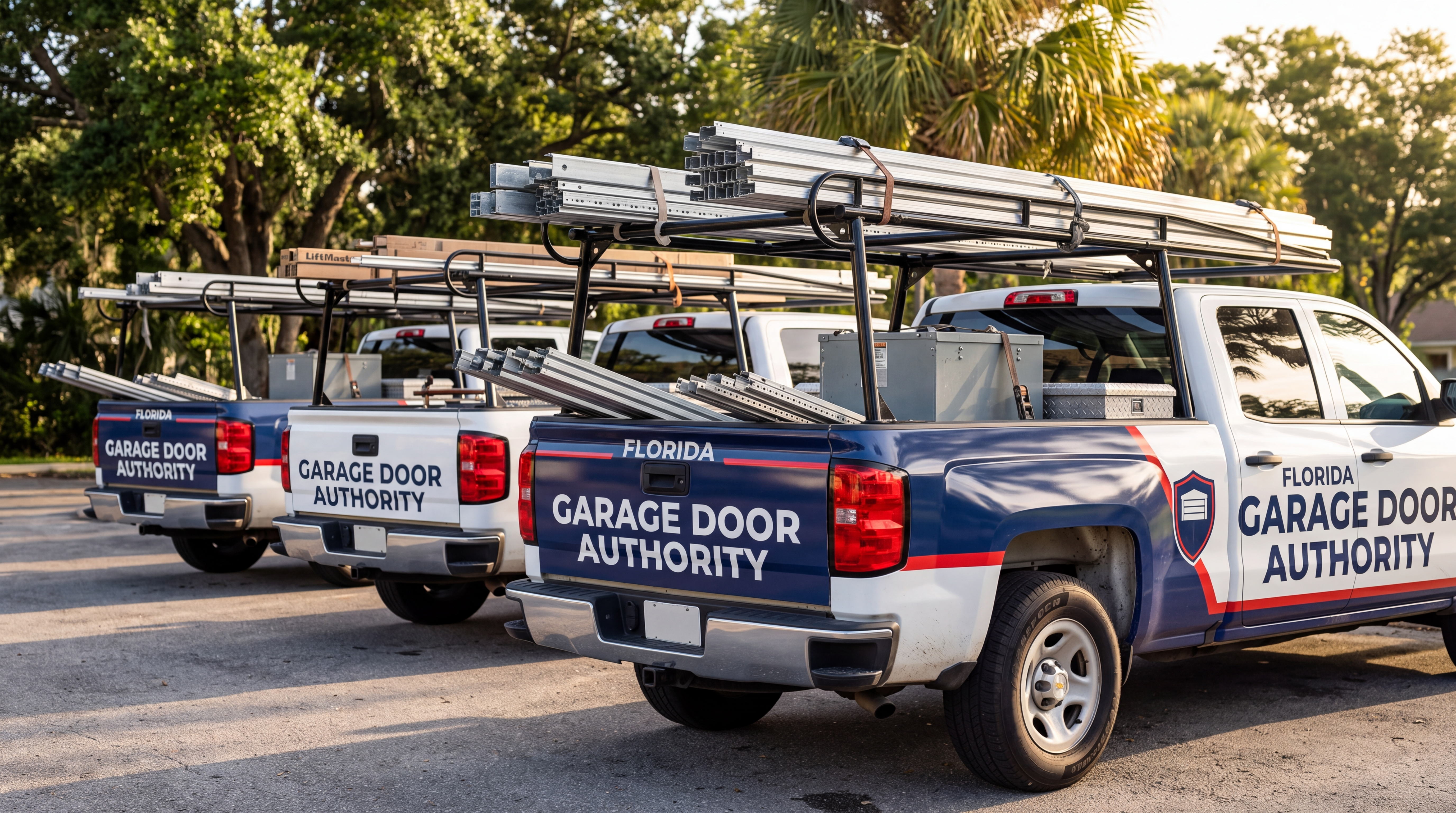 Florida Garage Door Authority fleet of branded service trucks